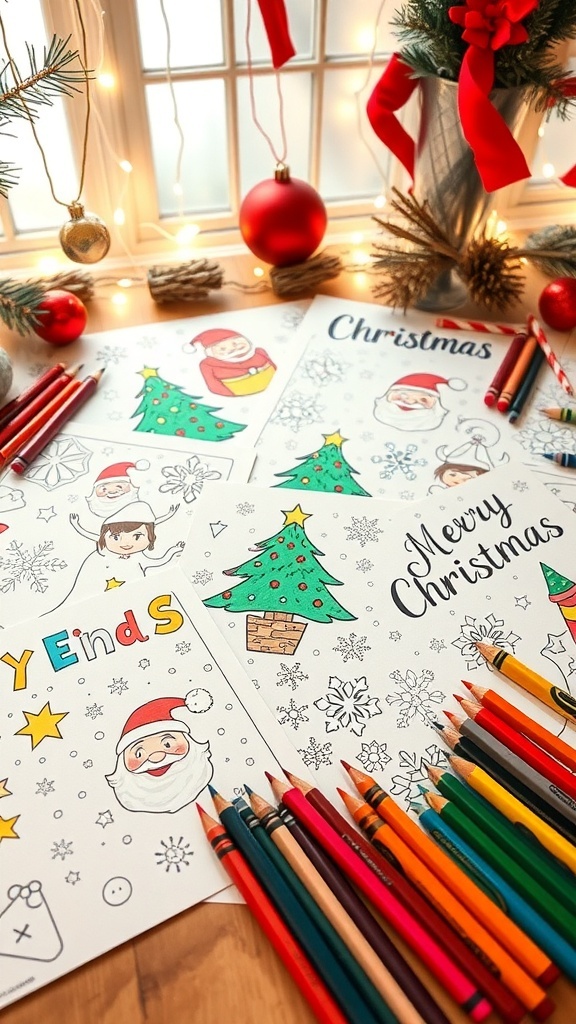 A variety of Christmas coloring pages with festive designs and coloring supplies on a table.
